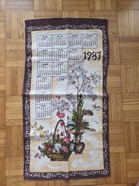 Vintage 1987 Floral Calendar Kitchen Tea Towel - Wall Hanging